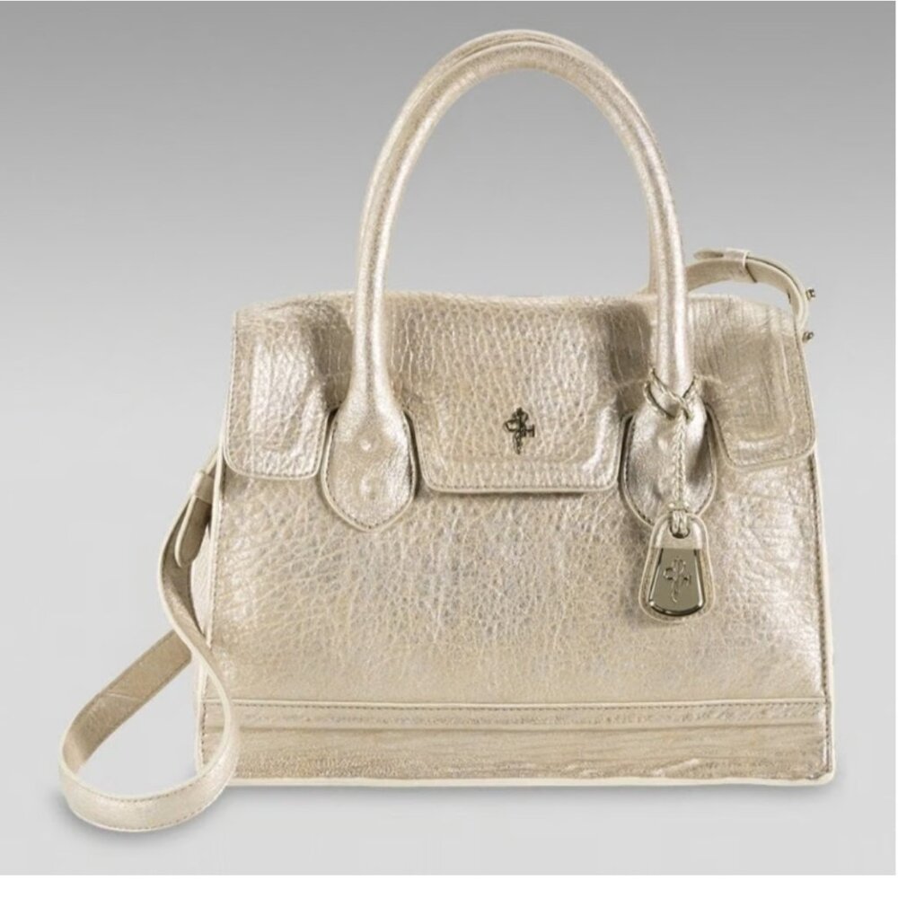 💲598 COLE HAAN Lambskin Satchel Handbag Brooke Silver Gold Metallic Leather Gol